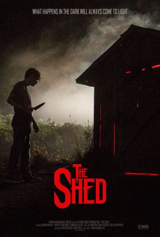 The Shed: The Movie poster. It has the silhouette of a man on the left and he is brandishing a knife. To the right of the frame there is a shed which is dark, but which has red glowing lights piercing out above and below the door. It is cloudy in the background and very ominous. 