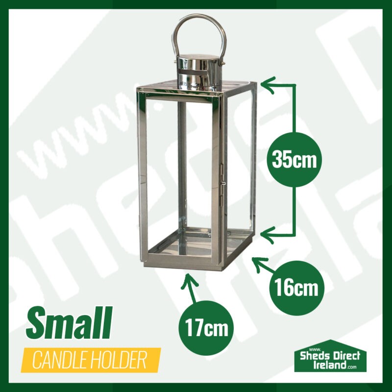 The Small Lantern-Style candle holder with dimensions laid out beside it. It is 35cm tall, 16cm deep and 17cm wide