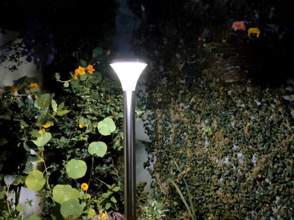 The Silver garden light as seen from a low angle with the perimeter wall in view and the dark-blue night sky visible.