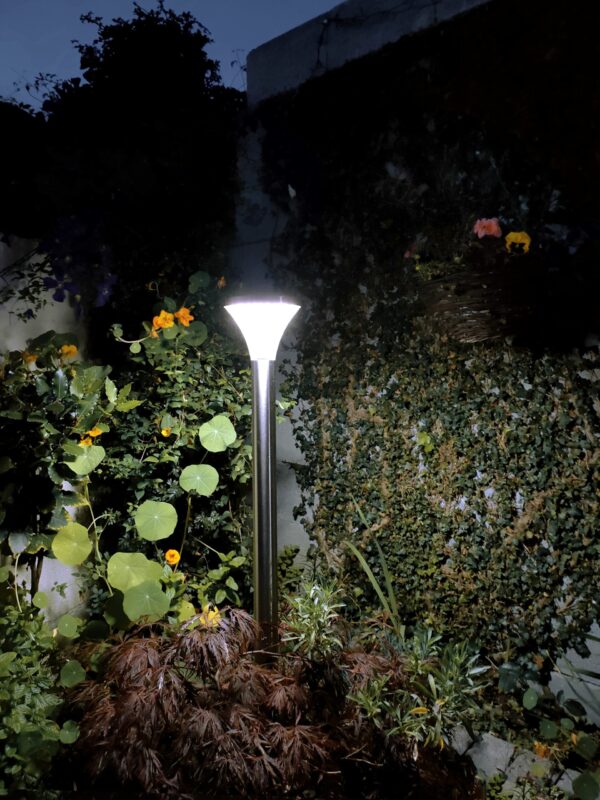 The Silver garden light as seen from a low angle with the perimeter wall in view and the dark-blue night sky visible.