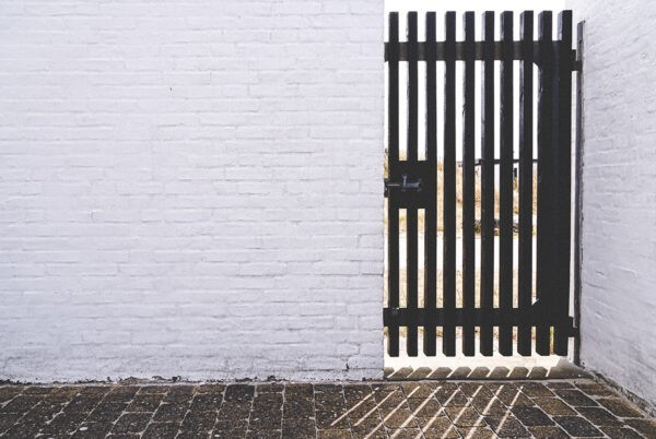 A side gate to a house on the right hand side of the frame. The centre and left of the frame are negative space created by a blank white wall of a building. The light comes through the gate on the right across the bottom of the scene. 