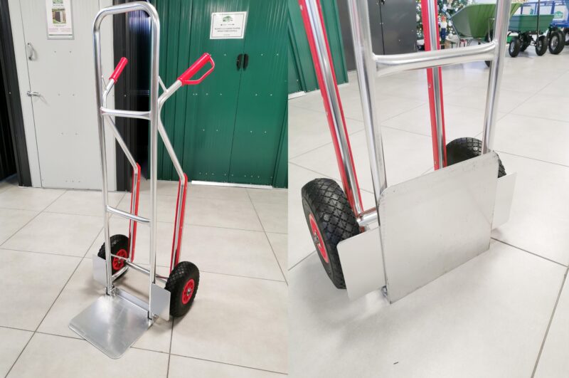 The image shows the Handtruck with the fold plate but showing both features. The left side has the plate folded down and the right side has the plate folded up.