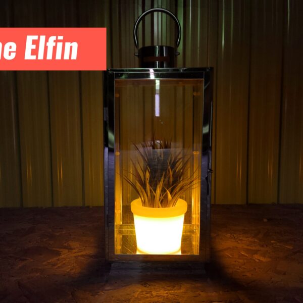 The small, Elfin LED Plant pot in a lantern-style candle holder. The pot is glowing a deep orange colour