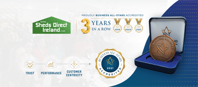 A banner from the All-Ireland Business Foundation, showing Sheds Direct Ireland have achieved Business All-Stars accredited for the 3rd year in a row.