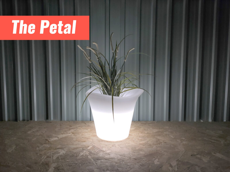 The Petal LED plant pot glowing white inside a grey garden shed