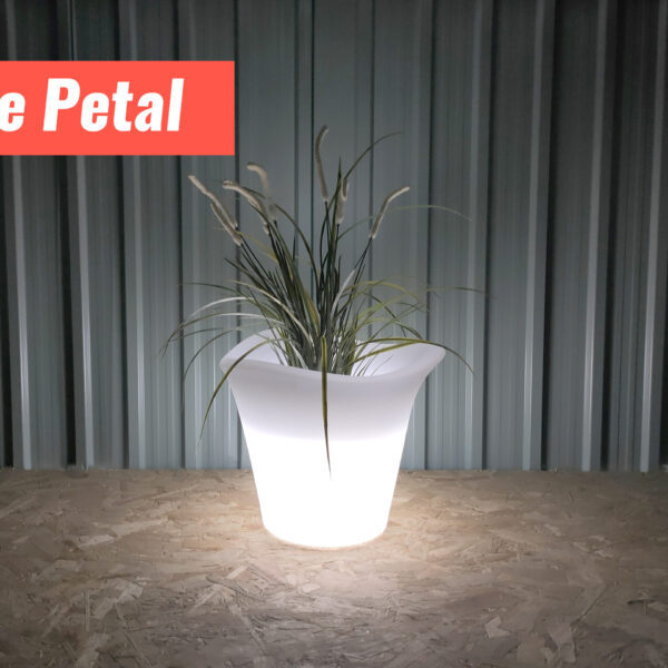 The Petal LED plant pot glowing white inside a grey garden shed