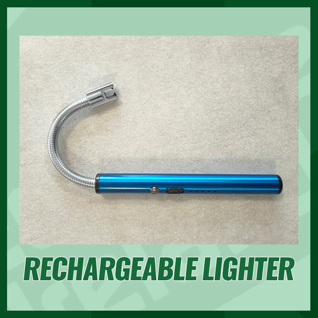 A blue rechargeable arc lighter with a bent head against a marble countertop