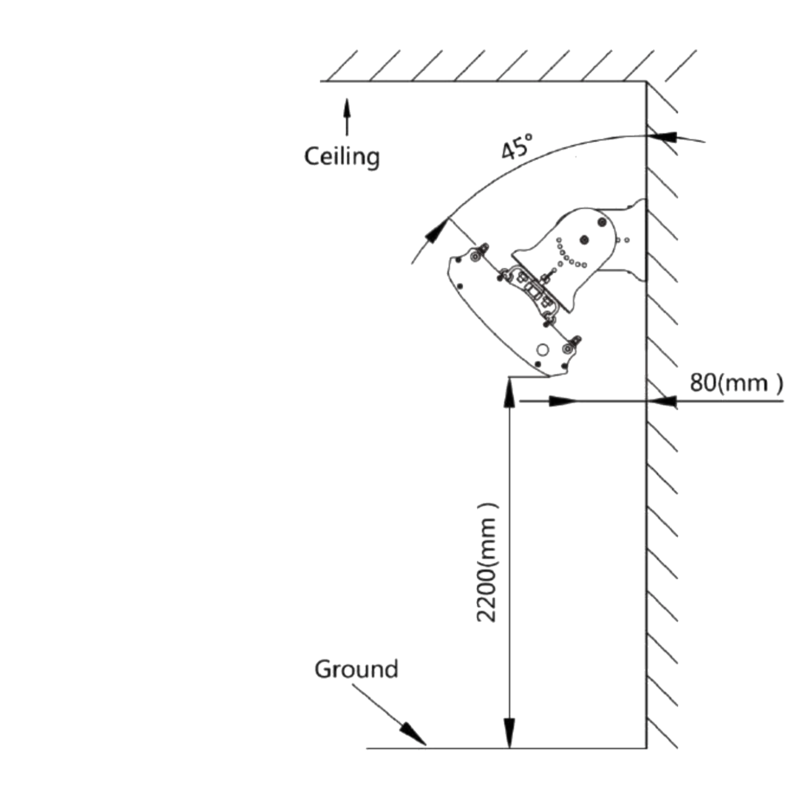 The wall mounting instructions for the heater with speaker. There needs to be a minimum height of 2200mm from the floor and 80mm from the wall