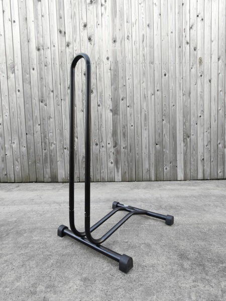 A 45 degree view of the large, bike stand from Sheds Direct Ireland. It is black and in this image you can more clearly see the rubber stopper feet.
