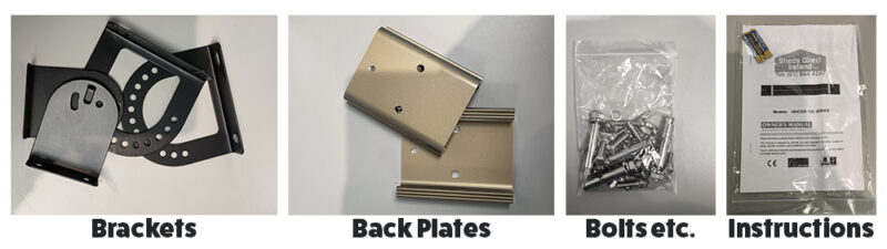 Four separate images side by side showing what is included in the Ronan Heating Box. It shows the brackets, back plates, screws and instructions. 