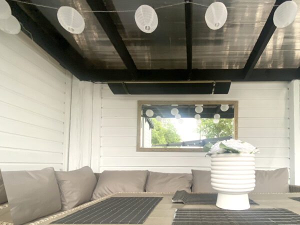 The ronan heating seen in a customers garden in Dublin. It sits above a large mirror and there is a sofa set below it