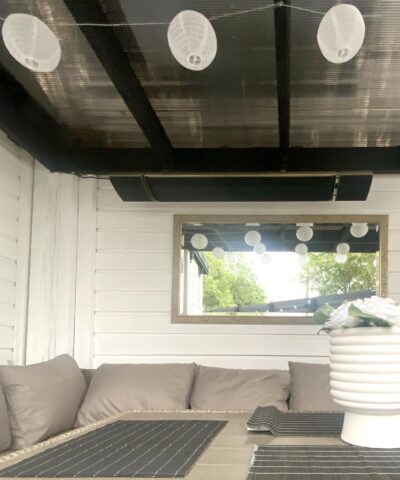 The ronan heating seen in a customers garden in Dublin. It sits above a large mirror and there is a sofa set below it