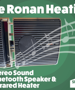 A picture of the Ronan Heating on a green background with text above it that reads 'The Ronan Heating'. White musical notes appear behind it and below it there is small text that reads 'stereo sound bluetooth speaker and infrared heater'. The bluetooth logo is beside this in red