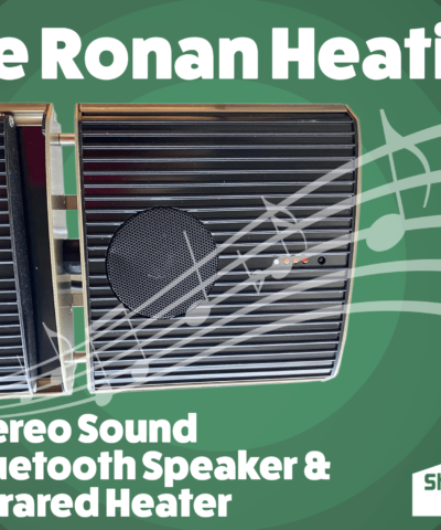 A picture of the Ronan Heating on a green background with text above it that reads 'The Ronan Heating'. White musical notes appear behind it and below it there is small text that reads 'stereo sound bluetooth speaker and infrared heater'. The bluetooth logo is beside this in red