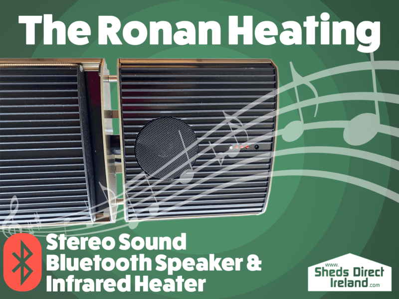 A picture of the Ronan Heating on a green background with text above it that reads 'The Ronan Heating'. White musical notes appear behind it and below it there is small text that reads 'stereo sound bluetooth speaker and infrared heater'. The bluetooth logo is beside this in red