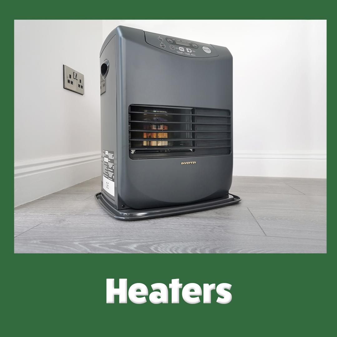A picture of the inverter heater above the word 'HEATERS' in large, bold white script
