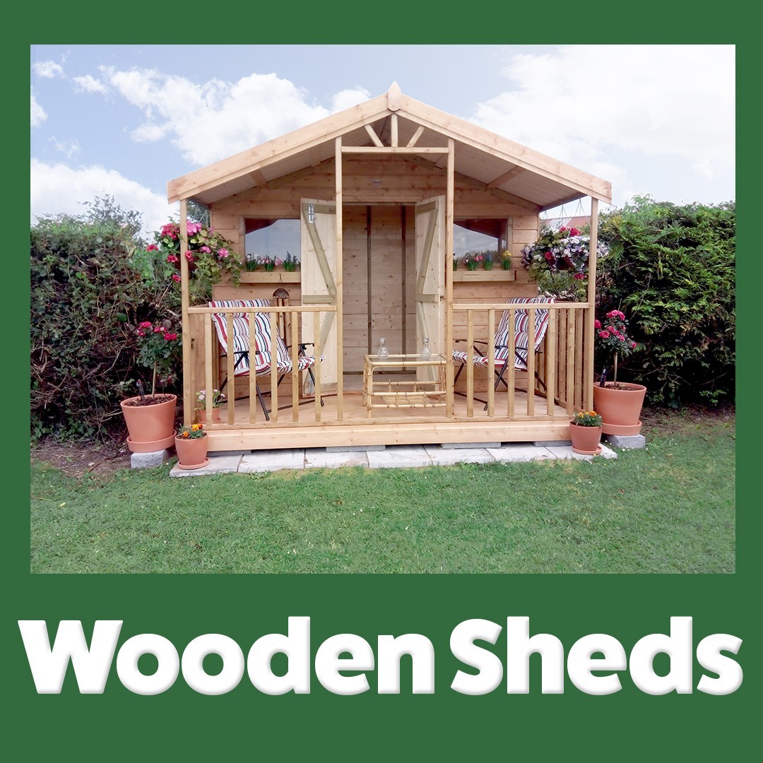 A wooden shed on a green background with the words 'WOODEN SHEDS' written underneath in bold, white text
