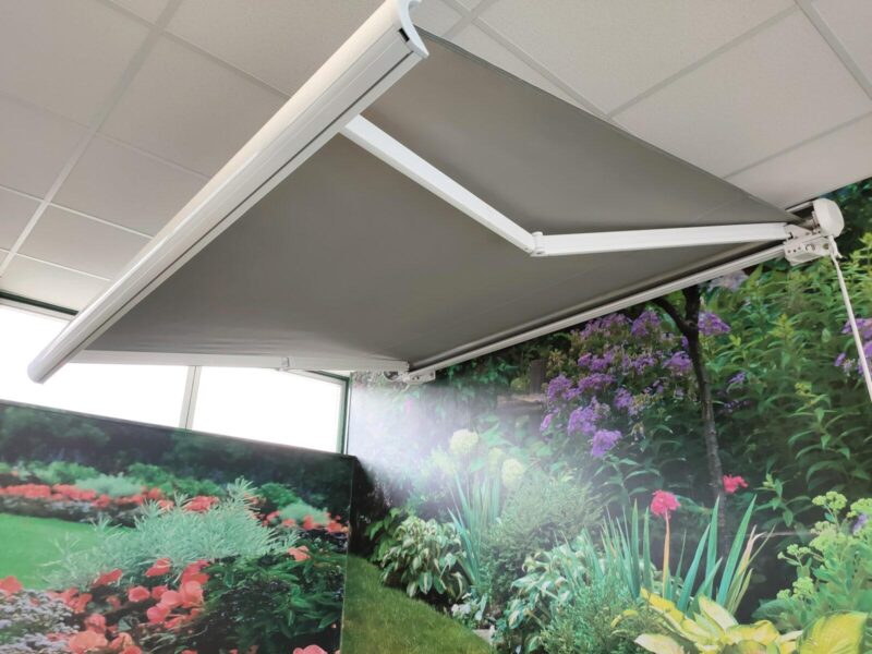 A small awning on a wall in the sheds direct Ireland showroom