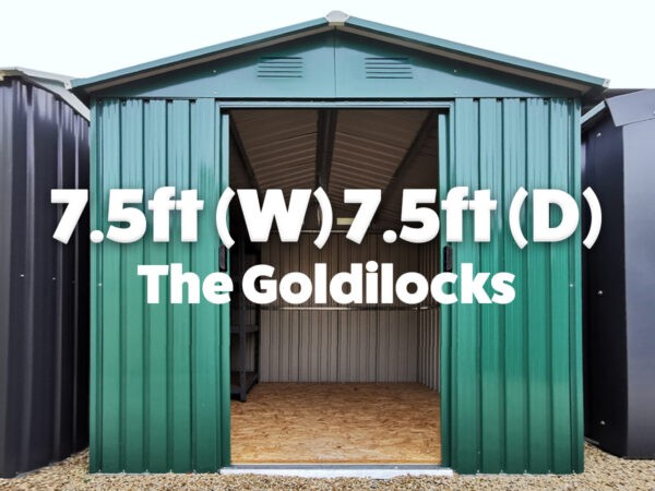 The 7.5ft x 7.5ft steel shed from Sheds Direct Ireland as seen straight on as an external view