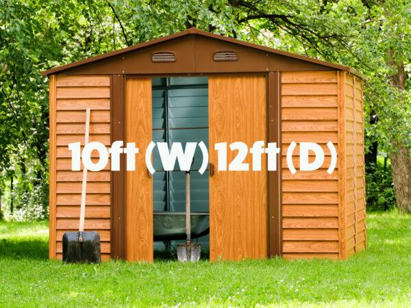 10ft x 12ft Metal Shed sitting in a lovely garden