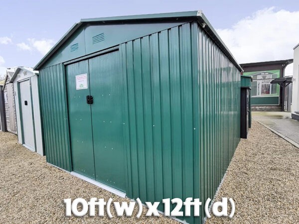 the green colossus shed with text that reads '10 foot wide and 12 foot deep'