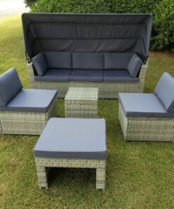 A front view of the rattan garden sofa set from Sheds Direct Ireland as seen face on with all pieces separate from each other.