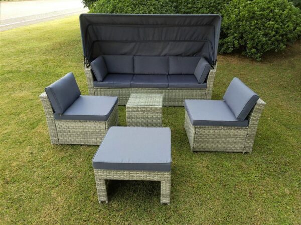A front view of the rattan garden sofa set from Sheds Direct Ireland as seen face on with all pieces separate from each other.