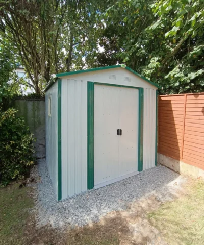 8ft x 6ft Steel Shed under a tree in a Dublin Garden