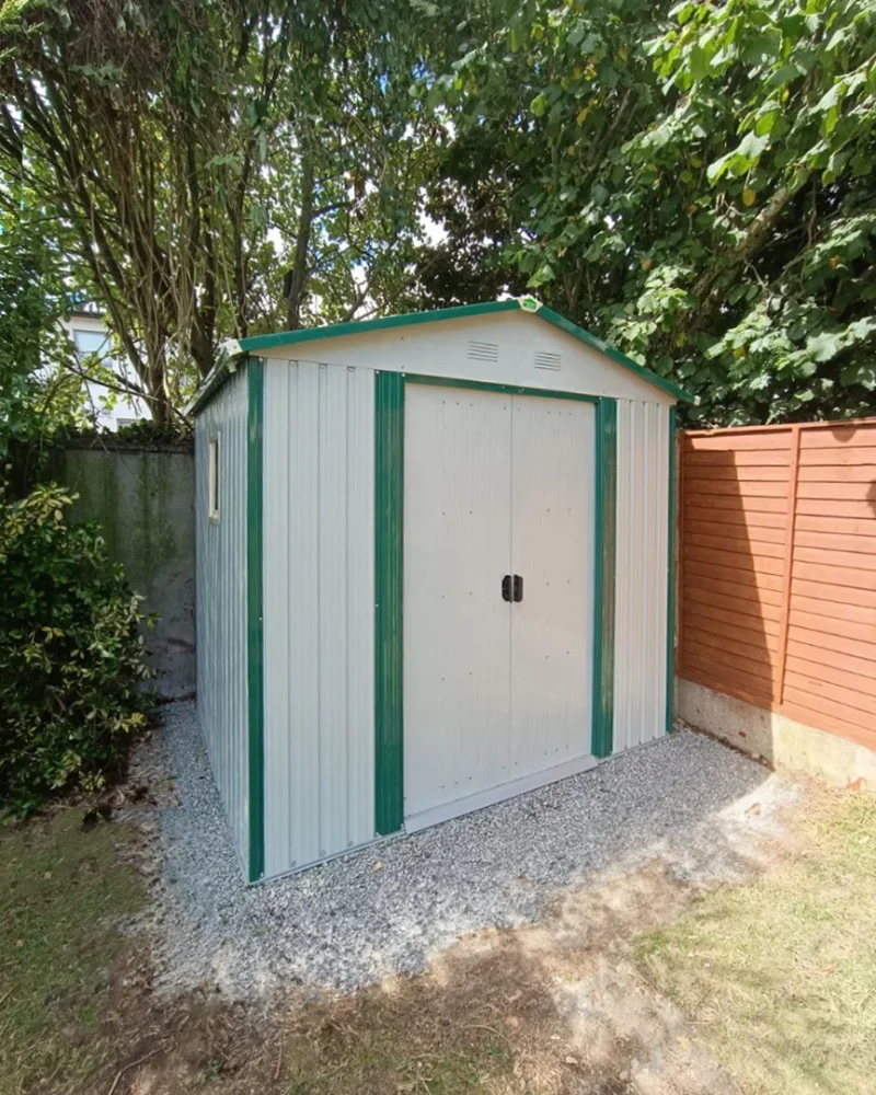 8ft x 6ft Steel Shed under a tree in a Dublin Garden