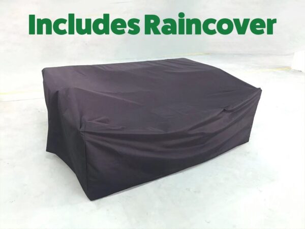 A black cover for the rattan garden sofa set with the words 'includes rain cover' on it