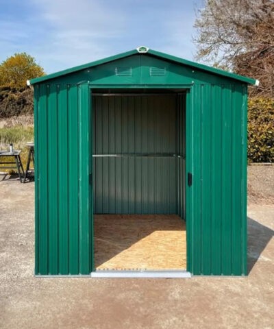 The front of the 8ft x 6ft steel shed on the showroom grounds