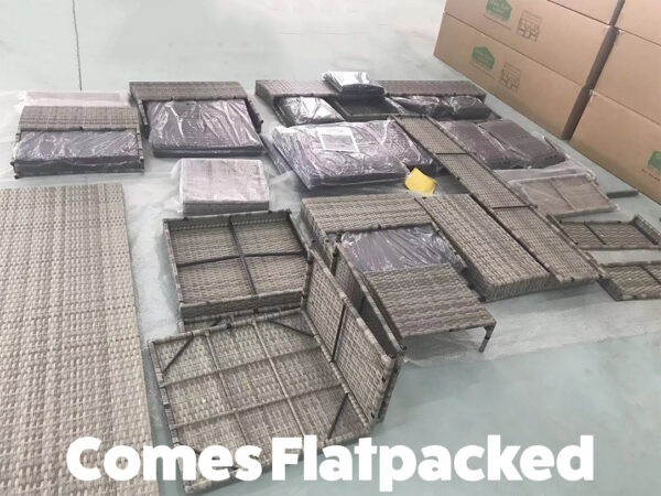 All the pieces of the sofa set laid out on the ground with the words 'comes flatpacked' written in white on the bottom of the image