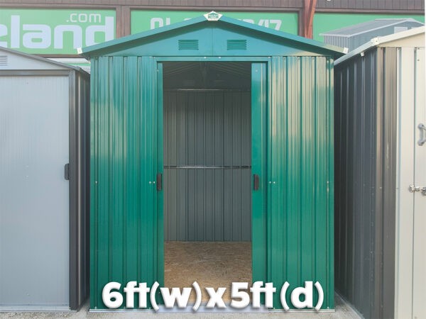 The 6ft wide x 5ft deep steel garden shed as seen from the front with the doors open. It reads "6ft (w) x 5ft (d)" in white text
