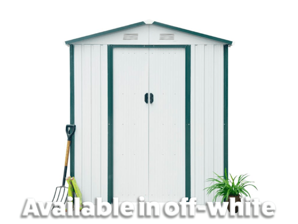 tHE 6FT X 5FT STEEL GARDEN SHED IN OFF WHITE WITH TEXT ON IT THAT READS 'AVAILABLE IN OFF WHITE'