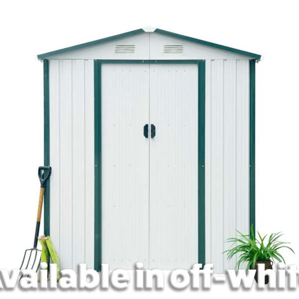 tHE 6FT X 5FT STEEL GARDEN SHED IN OFF WHITE WITH TEXT ON IT THAT READS 'AVAILABLE IN OFF WHITE'