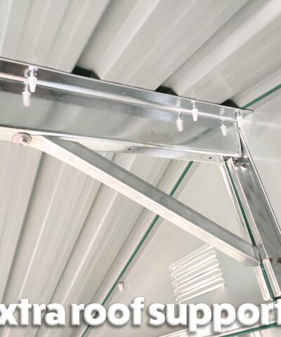 The right-angled triangle shaped braced bar in silver, which is supporting the roof and walls of this garden shed
