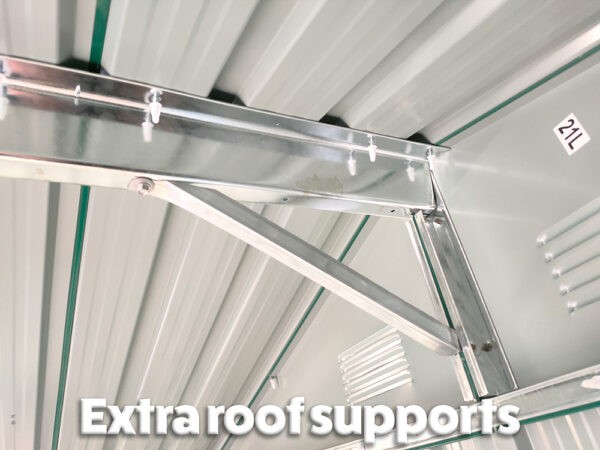 The right-angled triangle shaped braced bar in silver, which is supporting the roof and walls of this garden shed
