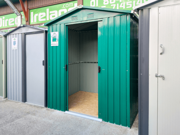A 45 degree angled view of the 6ft x 5ft steel garden shed in green from sheds direct ireland