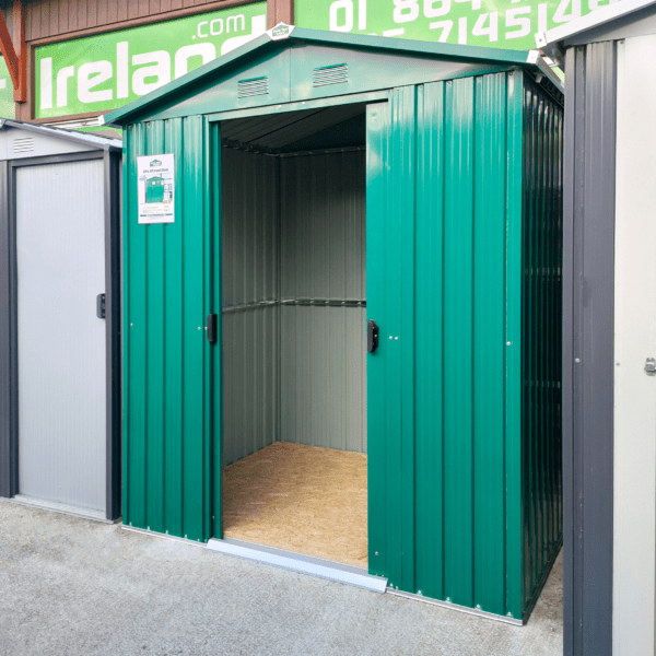 A 45 degree angled view of the 6ft x 5ft steel garden shed in green from sheds direct ireland