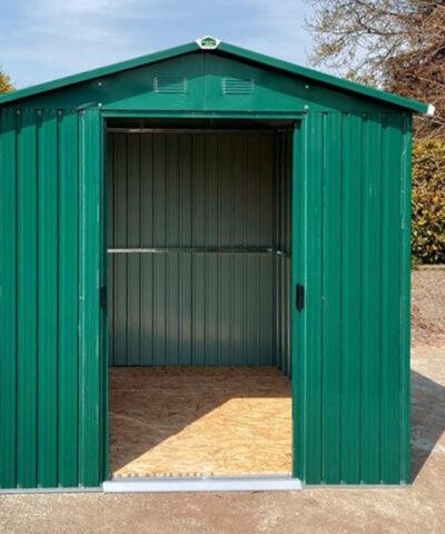 The 8ft x 6ft steel garden shed seen from the front with the doors open