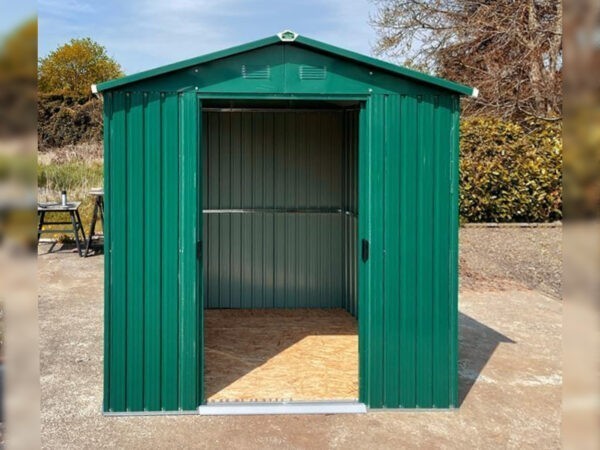 The 8ft x 6ft steel garden shed seen from the front with the doors open