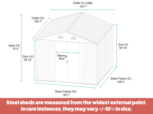 The dimensions of the 9ft x 10ft steel shed