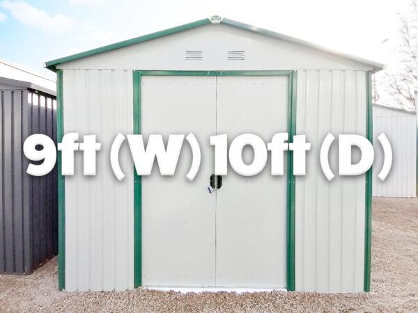 The 9ft x 10ft steel shed from Sheds Direct Ireland as seen straight on as an external view