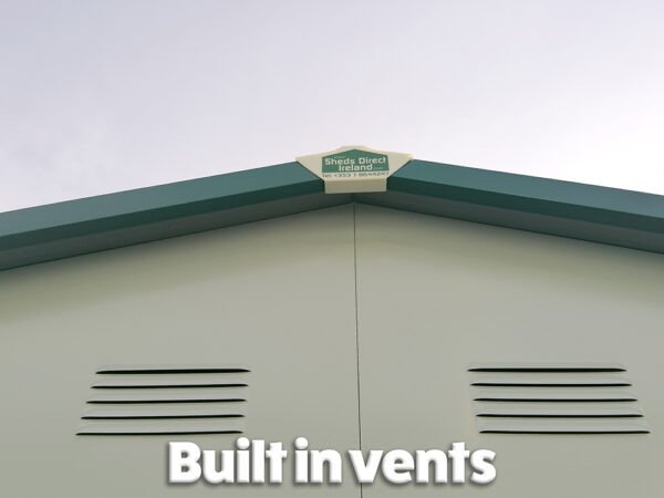 A view of the built in vents on the off-white steel shed