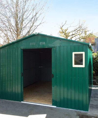 The Colossus Shed in a customers garden as seen from the front with both doors open.