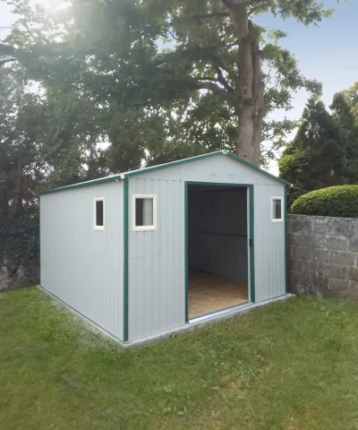 The Colossus Shed in off-white in a garden in Dublin