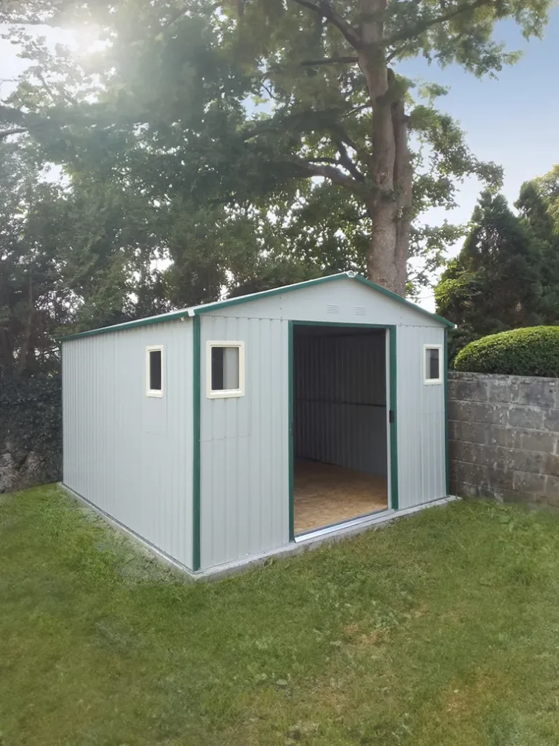 The Colossus Shed in off-white in a garden in Dublin