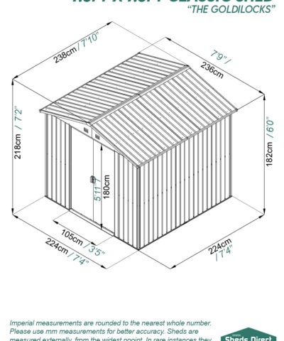 A diagram of the full dimensions of the Goldilocks shed with both metric and imperial measurements