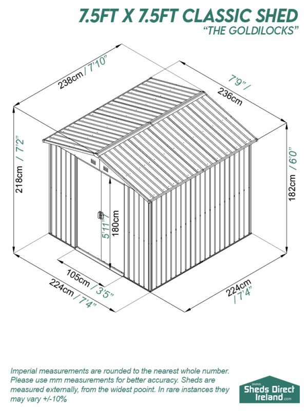 A diagram of the full dimensions of the Goldilocks shed with both metric and imperial measurements