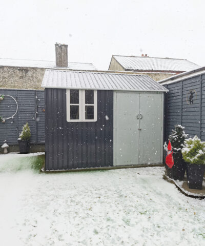 the cottage shed in a snowy garden in Kildare